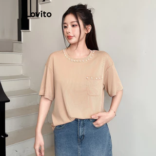 Lovito Camiseta Casual Simples Pérolas para Mulheres L99ED125
