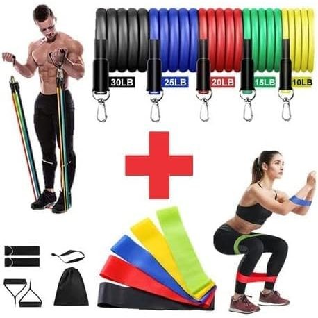 Kit Elástico Treino Extensor 11 Itens + 5 Faixas Mini Band Exercício Fisioterapia Academia em Casa -BUSCABUSCABR