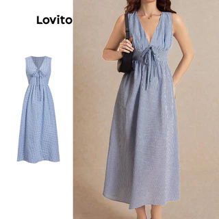Lovito Vestido elegante xadrez com cadarço para mulheres L99ED973