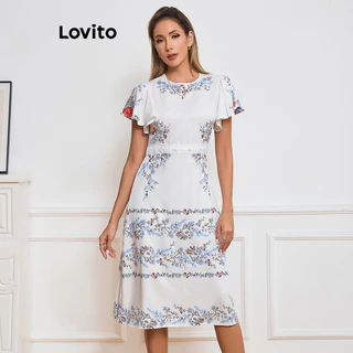 Lovito Vestido de renda com babados e padrão de plantas elegantes para mulheres LBL17209