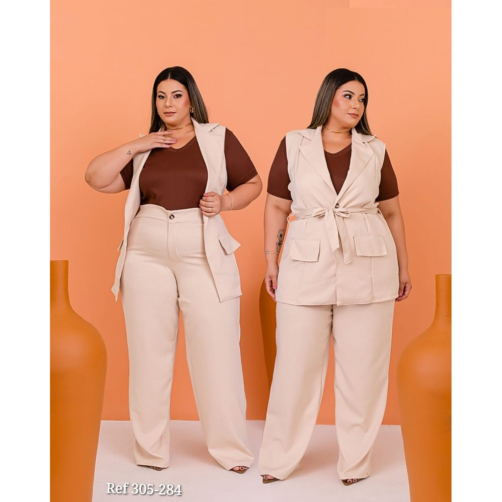 Conjunto Feminino Plus Size Tweed Blazer e Calça Social Alfaiataria ...