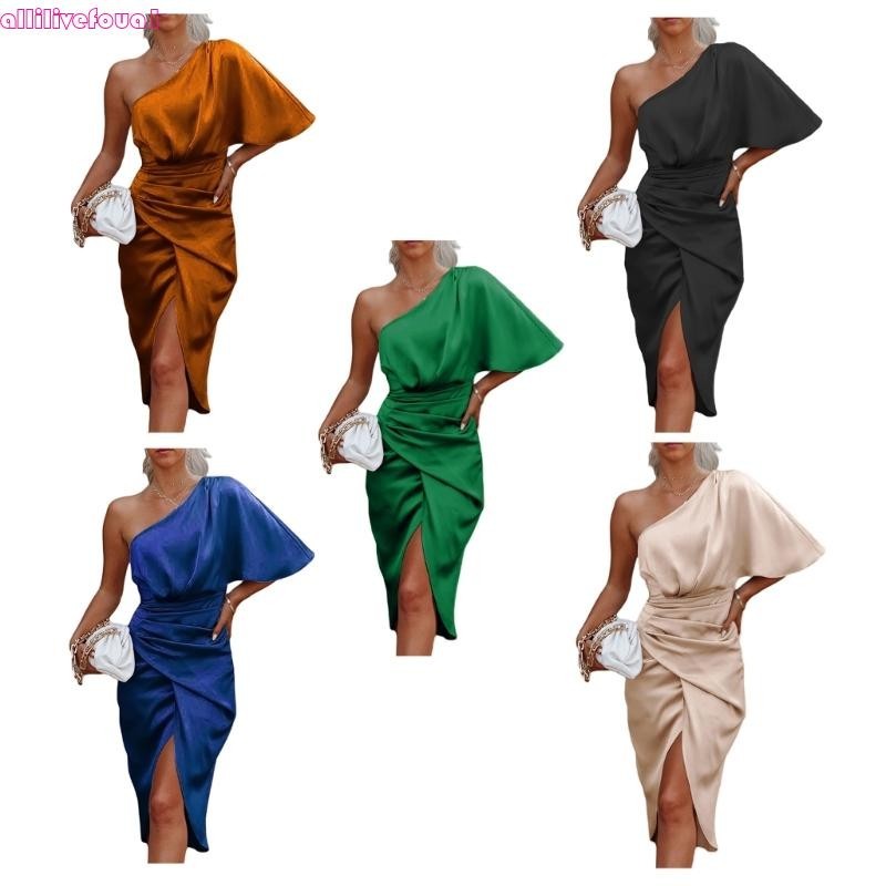 allilivefoua1 Vestido Feminino Cetim Ombro Asa Morcego Assimétrica Bodycon