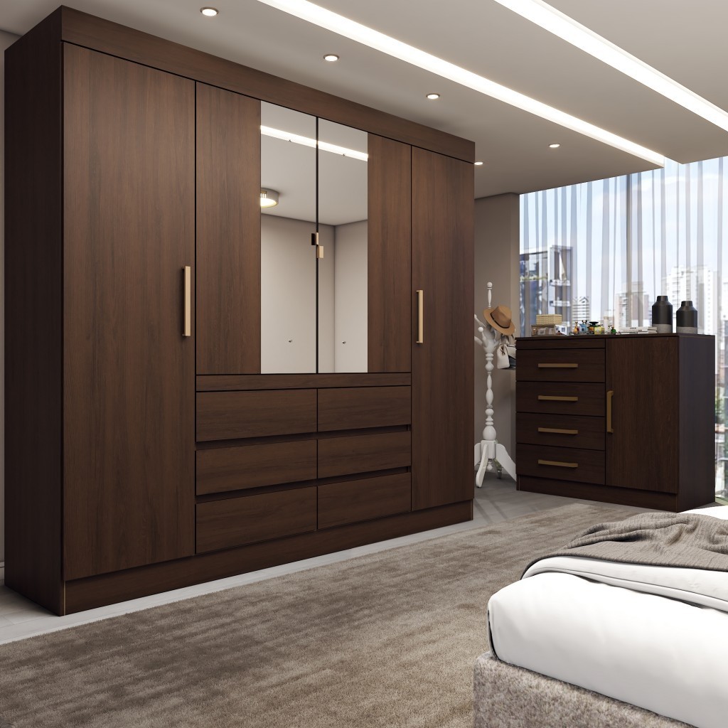 Guarda-Roupa Casal Honey 5 Portas 10 Gavetas com Espelho