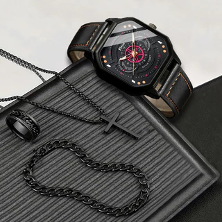 1 Relógio de Quartzo com Cinto Esportivo Casual Masculino +3-Piece Set Cross Jewelry