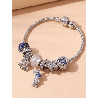 1pc Romantic Blue Starry Sky With Faux Diamonds Rhinestone And Moon Astronauts DIY Beaded & heart charm Brass Bracelet Para Meninas/Mulheres Decoração Diária Valentines .