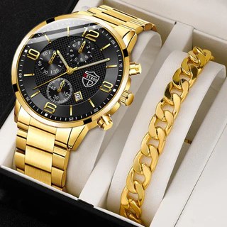 2PCS Fashion Mens Bracelet Relógios De Moda Pulseira Homem Conjunto De Luxo Prata Esportiva Relógio De Quartzo De Aço Inoxidável Pulso Casual De Negócios