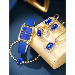 Relógio de Quartzo de Moda Feminino de Discagem Exclusiva de Quartzo +5-Piece Jewelry Set