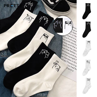 5 Pares Casual Meias Básicas Com Estampa de Desenho Animado Para Mulheres Meias Pretas E Brancas Na Metade da Panturrilha