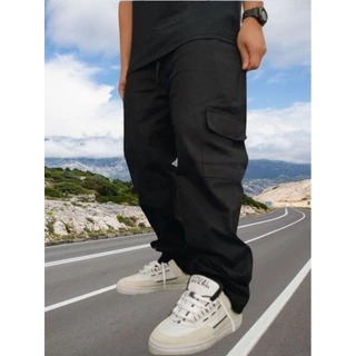 Calças Cargo masculino Roupas Masculinas elegante 6 Bolsos skate Larga Fechamento Cordão