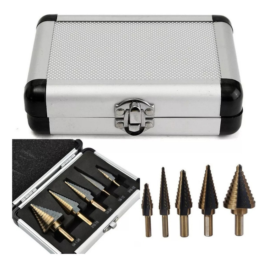 Ferro Aço Kit 5 Brocas Cônicas Escalonada 50 Medidas Titanio