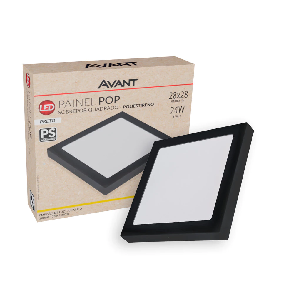 Painel Led Pop Quadrado Sobrepor 24W 3000k 28x28 Pr Avant