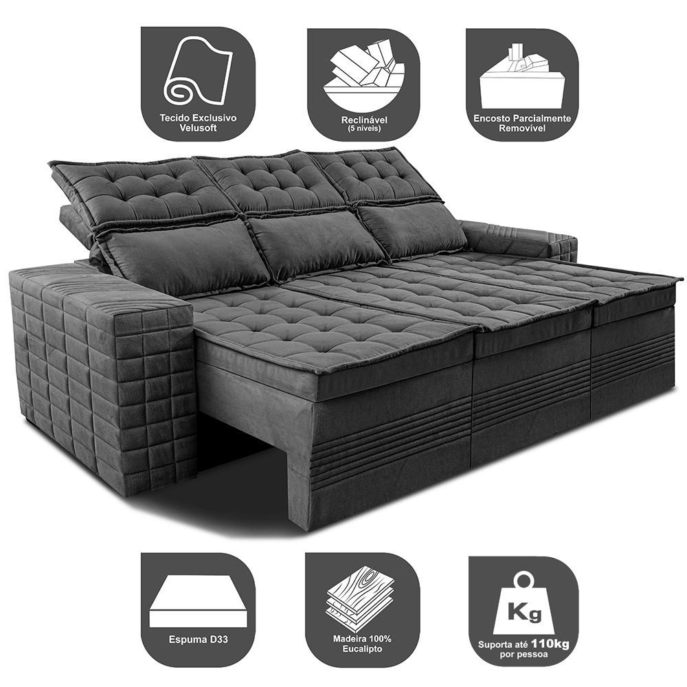 Sofá 3 Lugares Retrátil e Reclinável Cama inBox Senses 2,00m Velusoft Cinza - 4