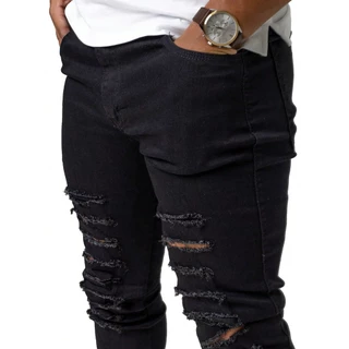 CALÇA Masculina RASGADA SLIM Adulto PRETA BARRA FEITA