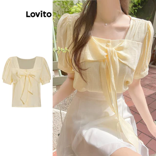 Lovito Blusa elegante lisa com plissado e amarração frontal para mulheres L100MD334