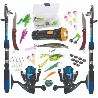 KIT DE PESCA C/2 VARAS + 2 MOLINETES + LANTERNA + ITENS