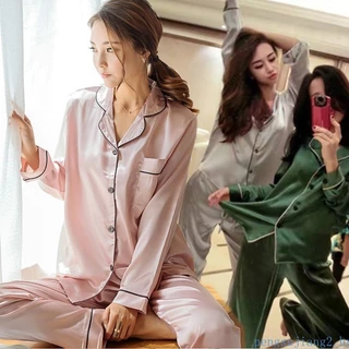Mulheres Cetim e Seda Paju Tidur Pijama Manga Longa/Conjunto Pijama Seda 010 SS em Oferta na Shopee