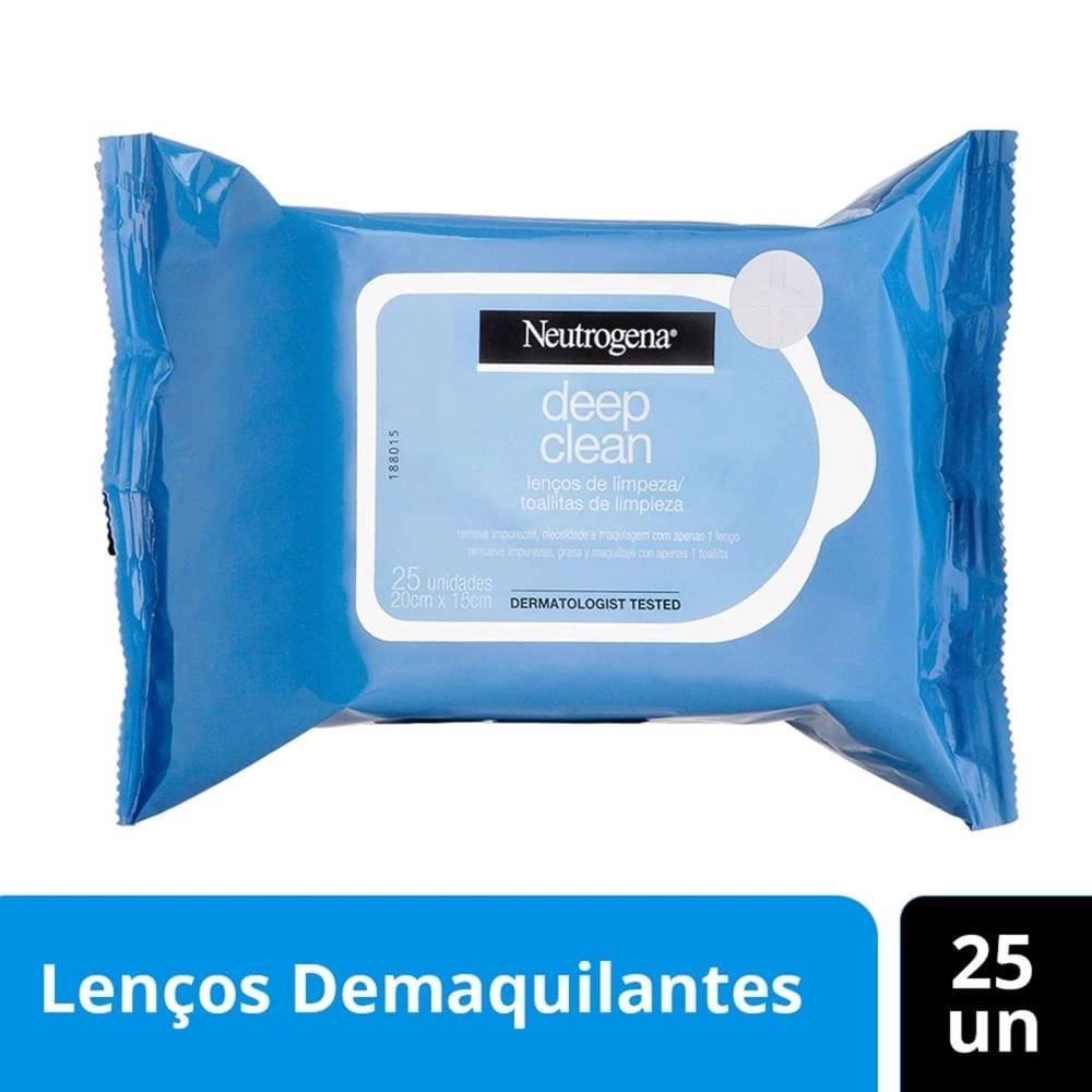 Embalagem de lenços Neutrogena Deep Clean acompanhada de um banner na parte inferior indicando lenços demaquilantes com 25 unidades.