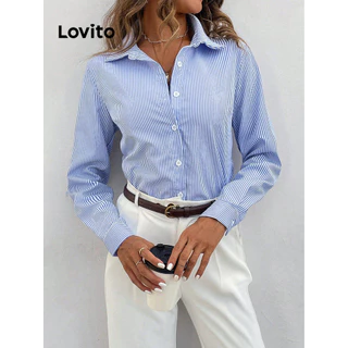 Lovito Blusa casual listrada com botão frontal para mulheres LBL12040