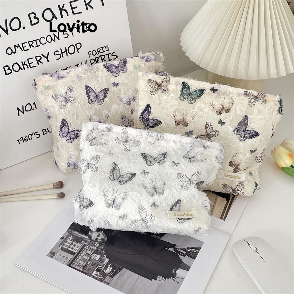 Lovito Bolsa cosmética com zíper borboleta romântica bolsas portáteis para mulheres LFA39379