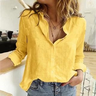 Mulheres camisas de linho e blusas moda simples camisa manga comprida cor sólida casual solto manga longa camisa de linho wgwa