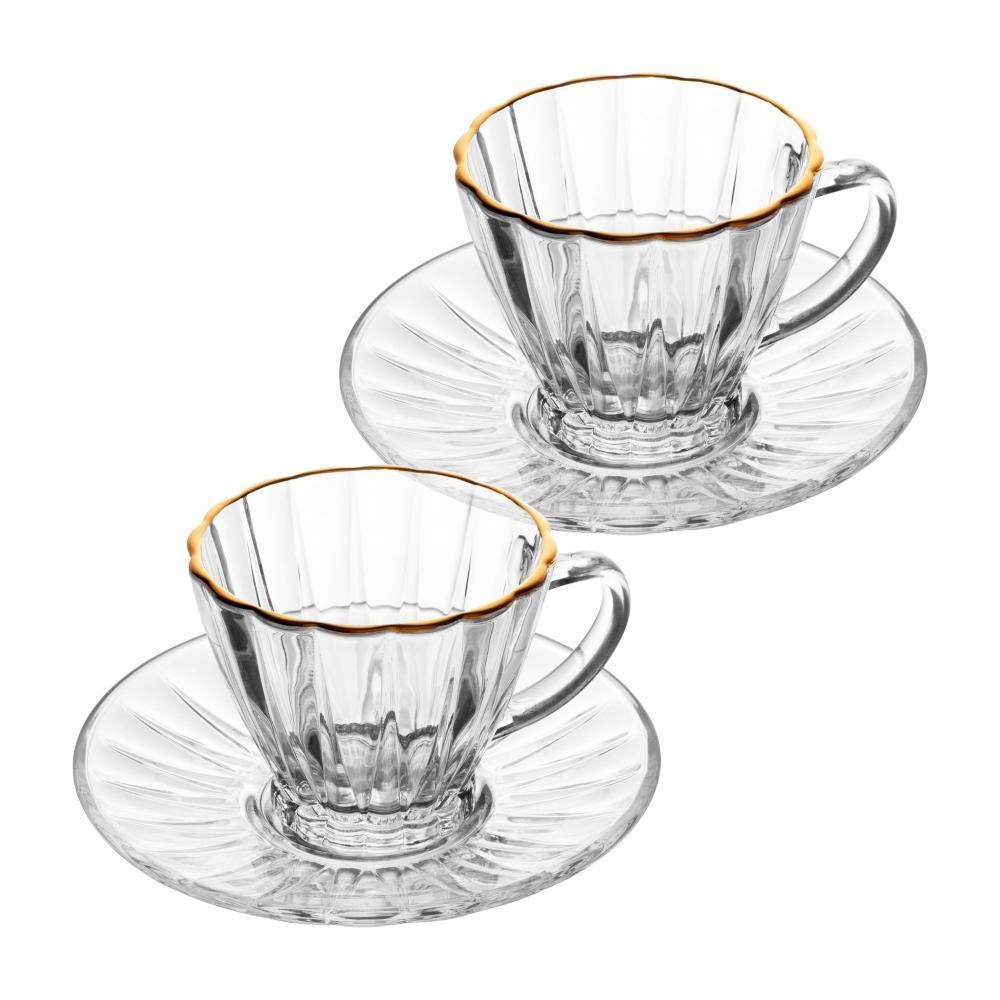 2 Xícaras para Chá Lyor Radial de Cristal com Fio de Ouro