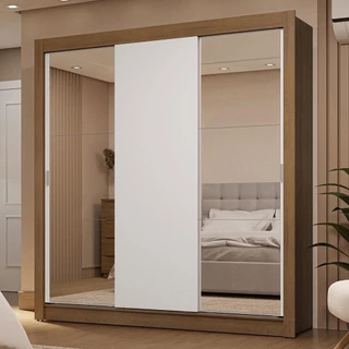 Guarda-Roupa Casal 3 Portas de Correr com Espelhos 2 Gavetas Rustic/Branco Sublime Madesa em Oferta na Shopee