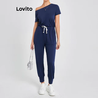 Lovito Macacão casual liso de ombro frio para mulheres LBL16124