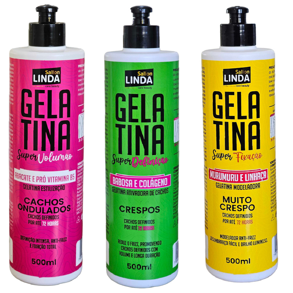Kit 3x Gelatina Capilar Para Cabelos Cacheados Sallon Linda Super ...