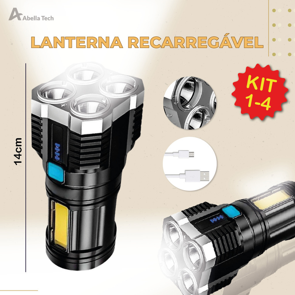 Kit 4 Super Lanterna Led Portátil Recarregável USB Resistente a água com Luz lateral c/ 4 LEDS