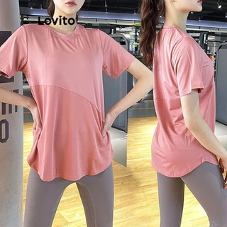 Lovito Camisetas esportivas esportivas com frente dividida lisa para mulheres LNL75462