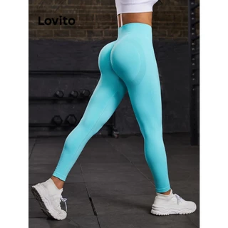 Lovito Legging esportiva esportiva de linha de estrutura lisa para mulheres LNL77082