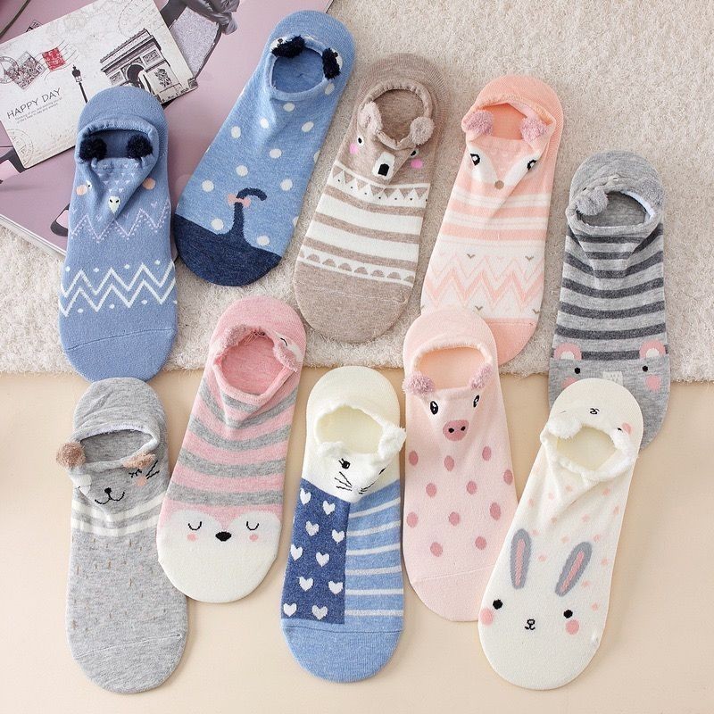 kit 9 Pares Meia Sapatilha Cano Curto Bichinhos Animais Femininas Com Orelhinha