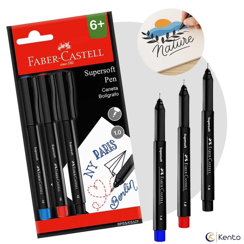 Caneta Supersoft Ponta Porosa Fine 1.0mm Kit 3 Cores Faber Castell para ...