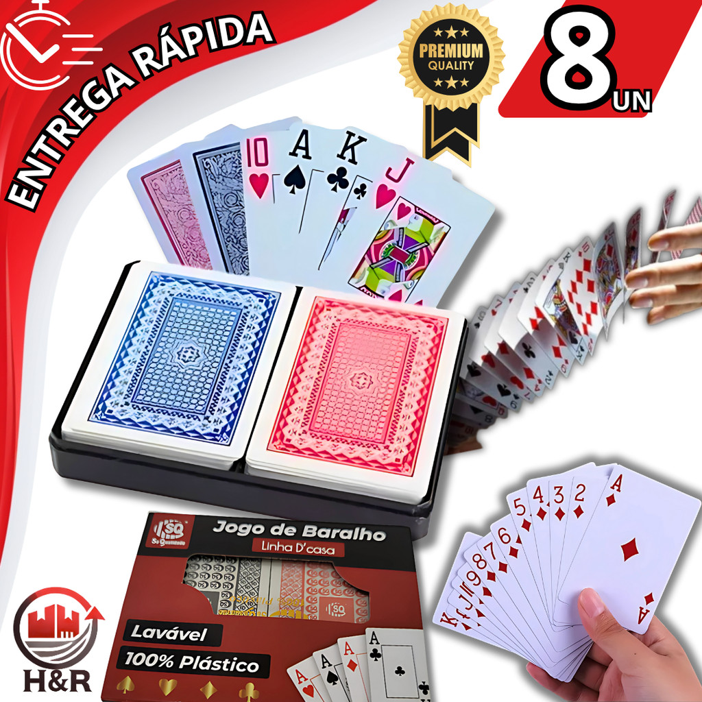 Kit 8 Baralhos Plastificados 54 Cartas Cada Resistente Impermeável e ...