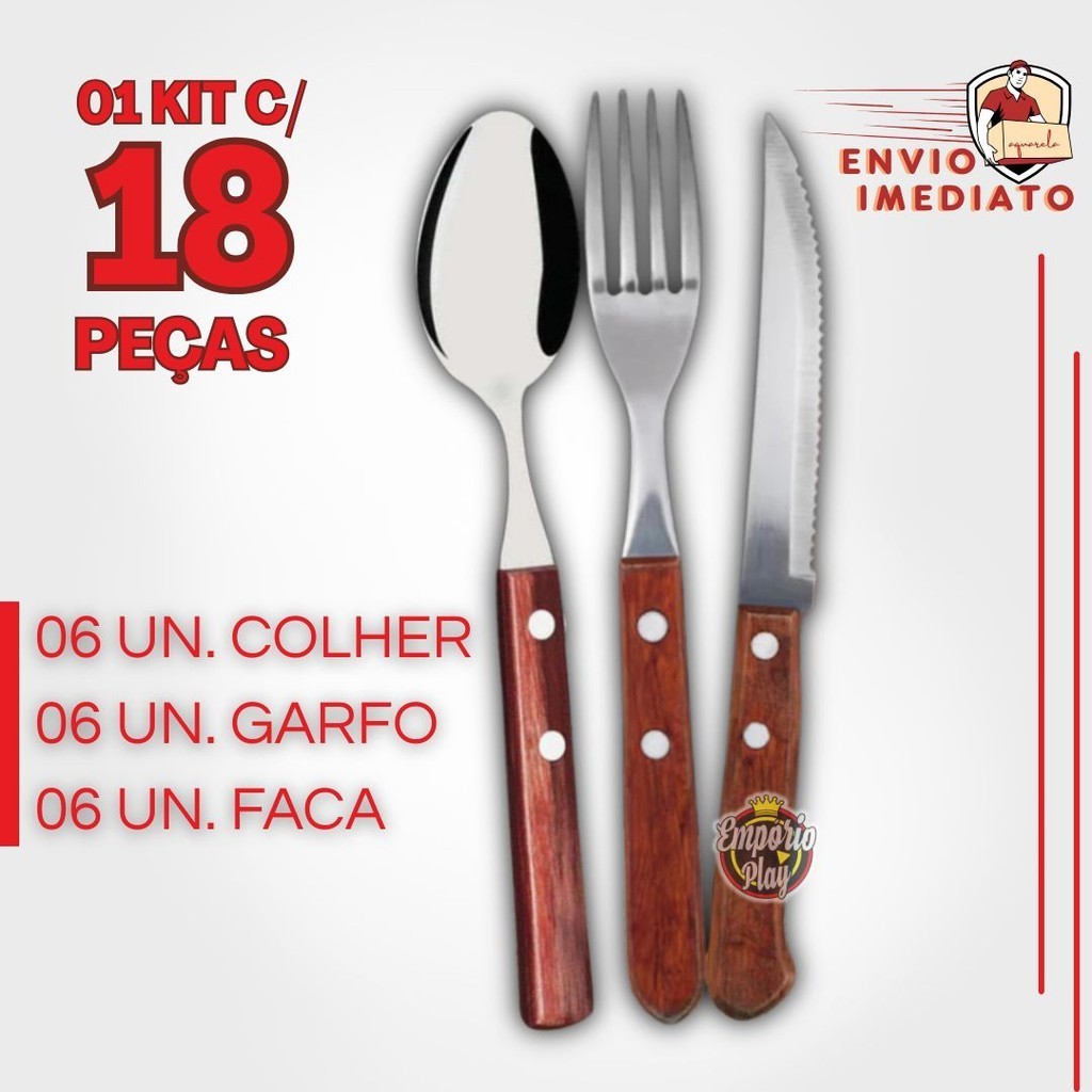Kit 18 Peças Jogo de Talher 6 Colher 6 Garfo 6 Faca de Inox com Cabo de ...