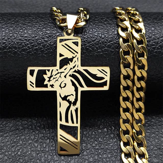 Hip Hop Punk Crown of Thorns Jesus Cross Necklace for Men Crucifixo De Aço Inoxidável Com Revestimento De Ouro Jóias De Colares