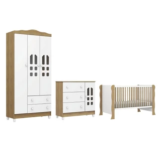 Dormitório Infantil Completo Berço Americano Mini Cama 2 em 1 Para Quarto Bebê Luna Helena Branco /Madeirado