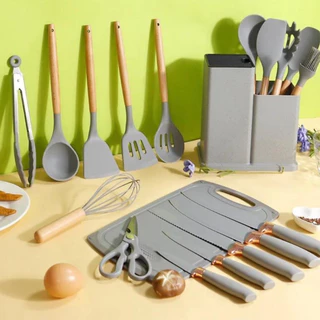 Kit Completo Jogo Utensílios de Cozinha Luxo 19 Peças Com Tábua em Silicone Espátula Faca Tesoura em Oferta na Shopee