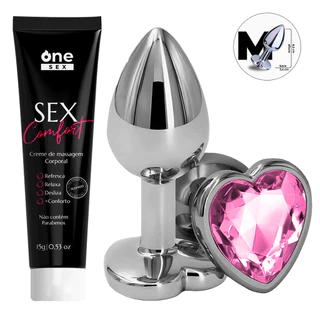 Kit Plug Anal Tamanho M Formato Coração + Gel Lubrificante Anal Sex Comfort