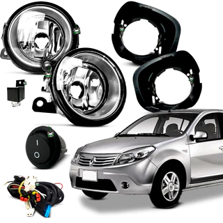 Kit Farol Auxiliar Milha Sandero 2007 2008 2009 2010 2011 Moldura Preta Botão Tic Tac