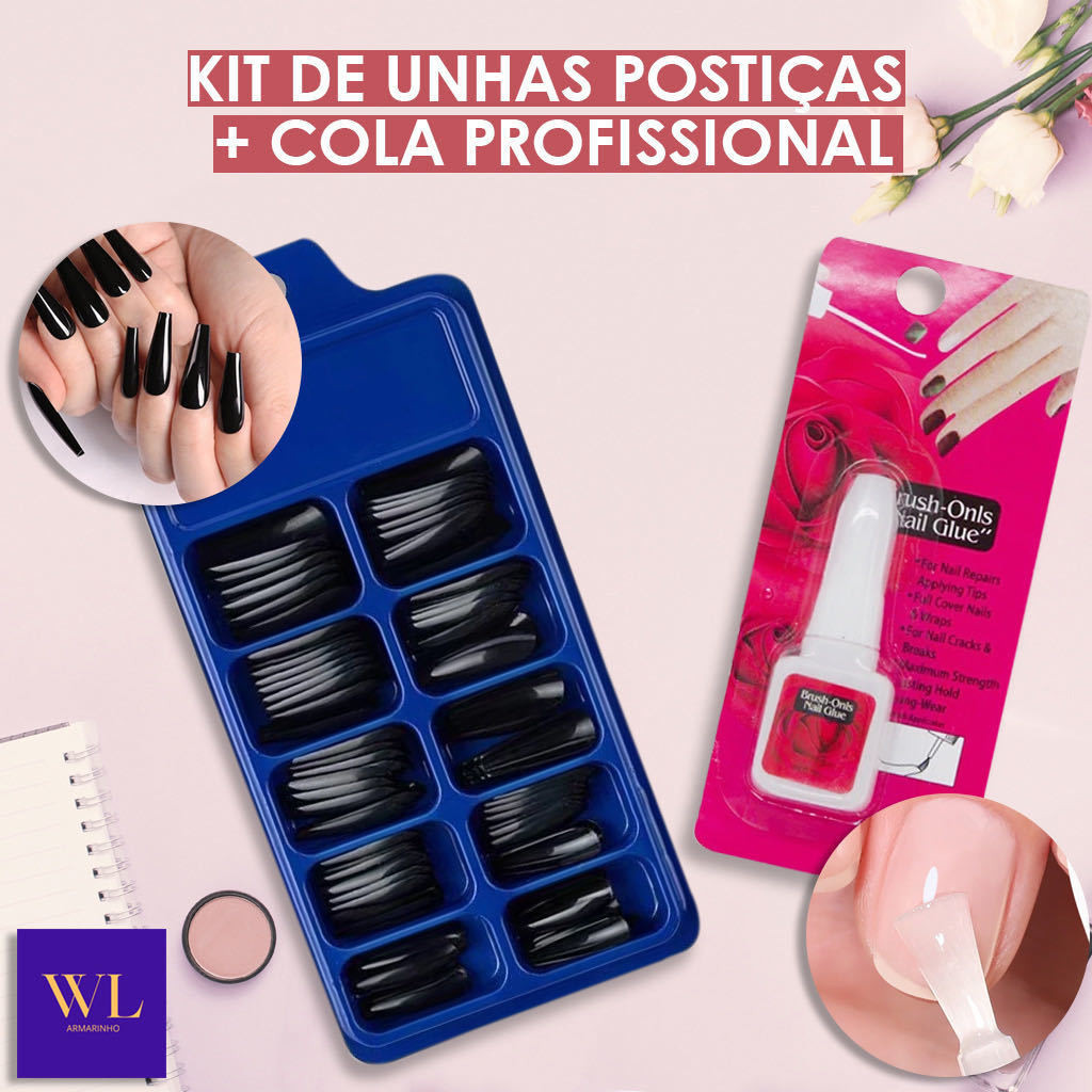 Kit de 100 Unidades Unhas Postiças Com Cola Profissional - Durabilidade ...