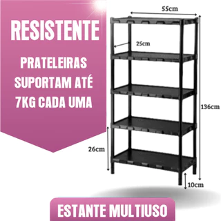 Estante Preta 5 Prateleiras Plástico Multiuso Organizadora Modular Cozinha Lavanderia Quarto