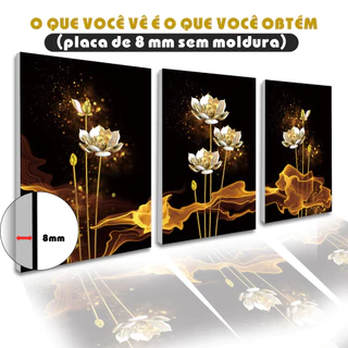 Kit 3 Quadro Decorativo 120x60cm 8mm Abstrato Preto Flor Dourada Decoração Para Casa Sala Quarto