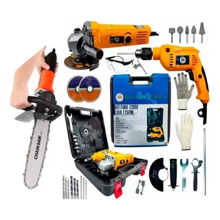 Kit Furadeira 800W+Esmerilhadeira+Adp Motosserra Com Brinde