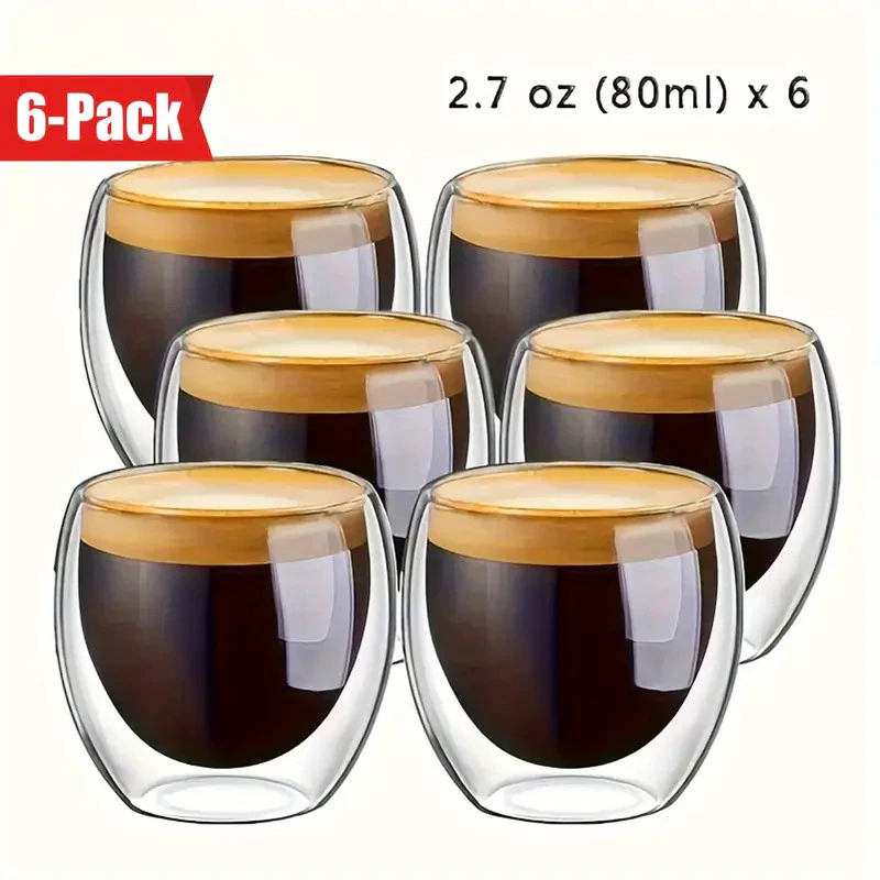 Conjunto de 6 xícaras de café de parede dupla de 80ml dispostas em um fundo branco