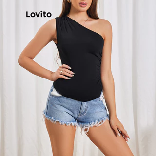 Lovito Elegante Regata Básica Assimétrica com Cordão para Mulheres LBL06152 (Preto)
