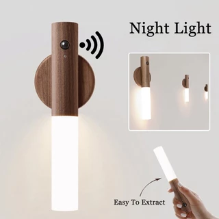 Luz De Presença Automática LED Noturna Magnética De Madeira Sensor De Movimento Inteligente Multifuncional USB Recarregável TYPE-C Sem Fio Luzes De Parede Do Armário Guarda-Roupa Cabeceira Dormitório