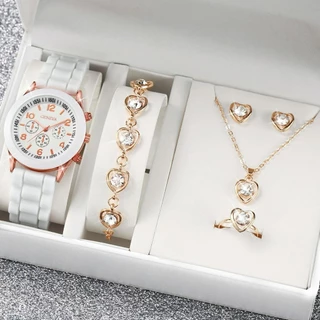 Fita de Silicone Ladies Silicone Fashionable Three-Eye Digital Scale Dial Relógio de Quartzo + Conjunto de Jóias de Diamante Coração 6pcs / set