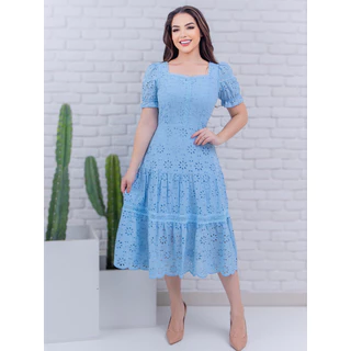 Vestido Midi Rodado Malha Lese Algodão Evangélico Festa