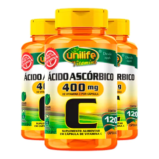 Kit 3x Vitamina C Ácido Ascórbico Unilife 120 Cápsulas
